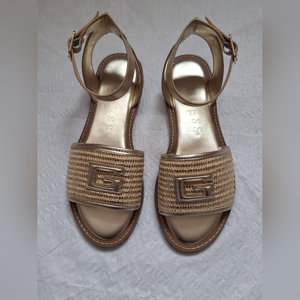 NWOT GUESS  Gold Sandals with Woven Texture and Ankle Strap